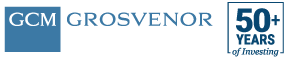 GCM Grosvenor logo blue with 50+ years of investing