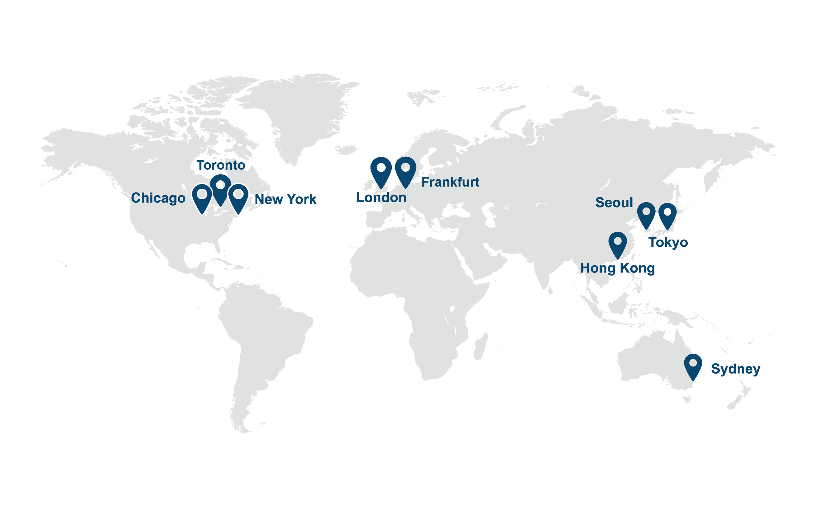 Map showing GCM Grosvenor locations in Chicago, New York, Toronto, London, Frankfurt, Tokyo, Hong Kong, Seoul, and Sydney.