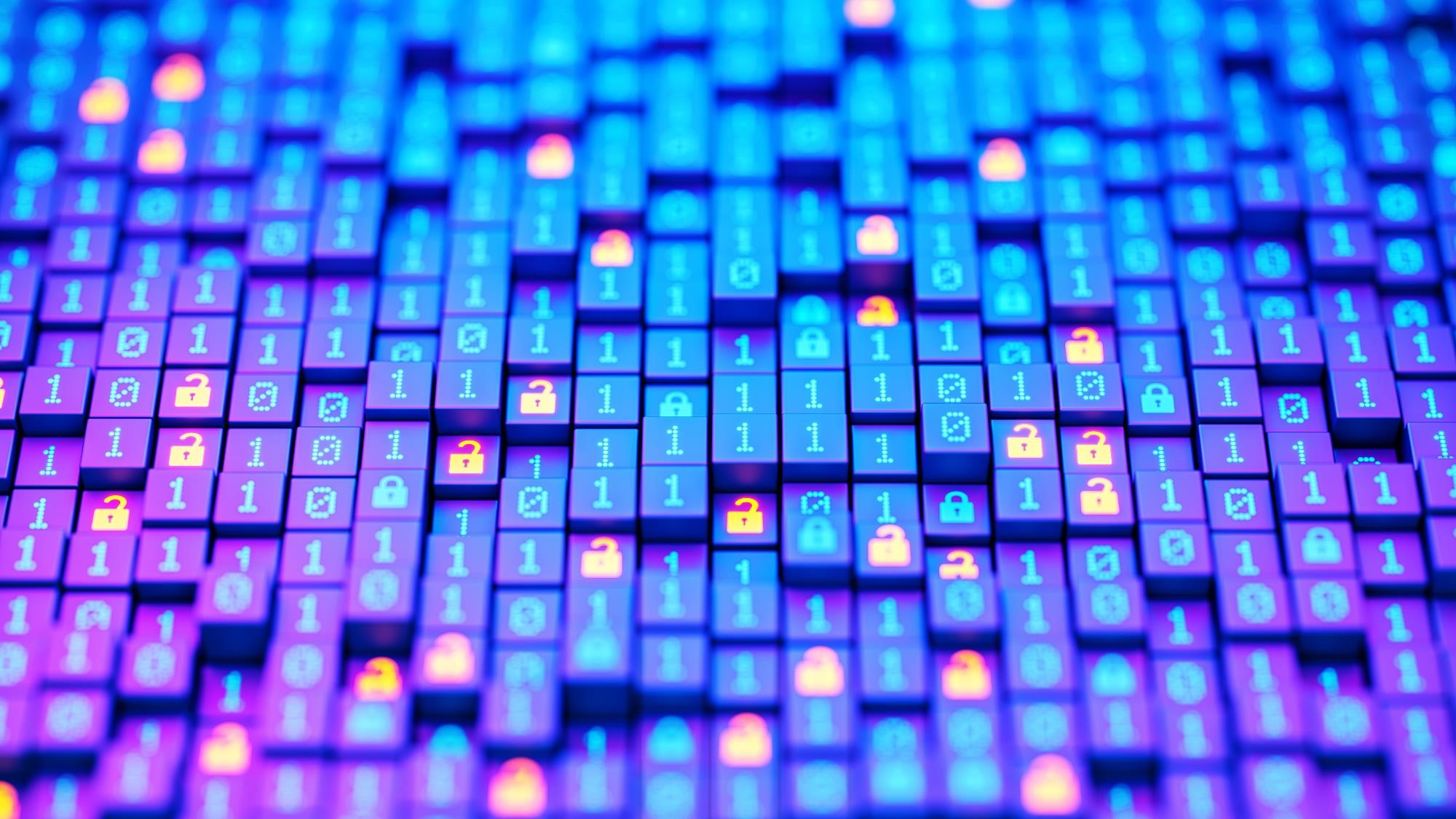 A 3D-rendered image of a digital landscape composed of elevated square blocks, each displaying binary code (0s and 1s) and padlock icons. The padlocks are shown in various states—locked (blue) and unlocked (red or orange)—against a vivid blue and purple color scheme. The image conveys themes of cybersecurity, data encryption, and information access control.
