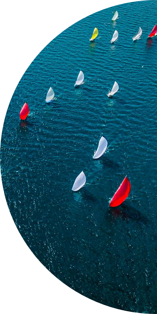 Oval-cropped aerial view of small sailboats with white, red, and yellow sails racing across deep blue water.