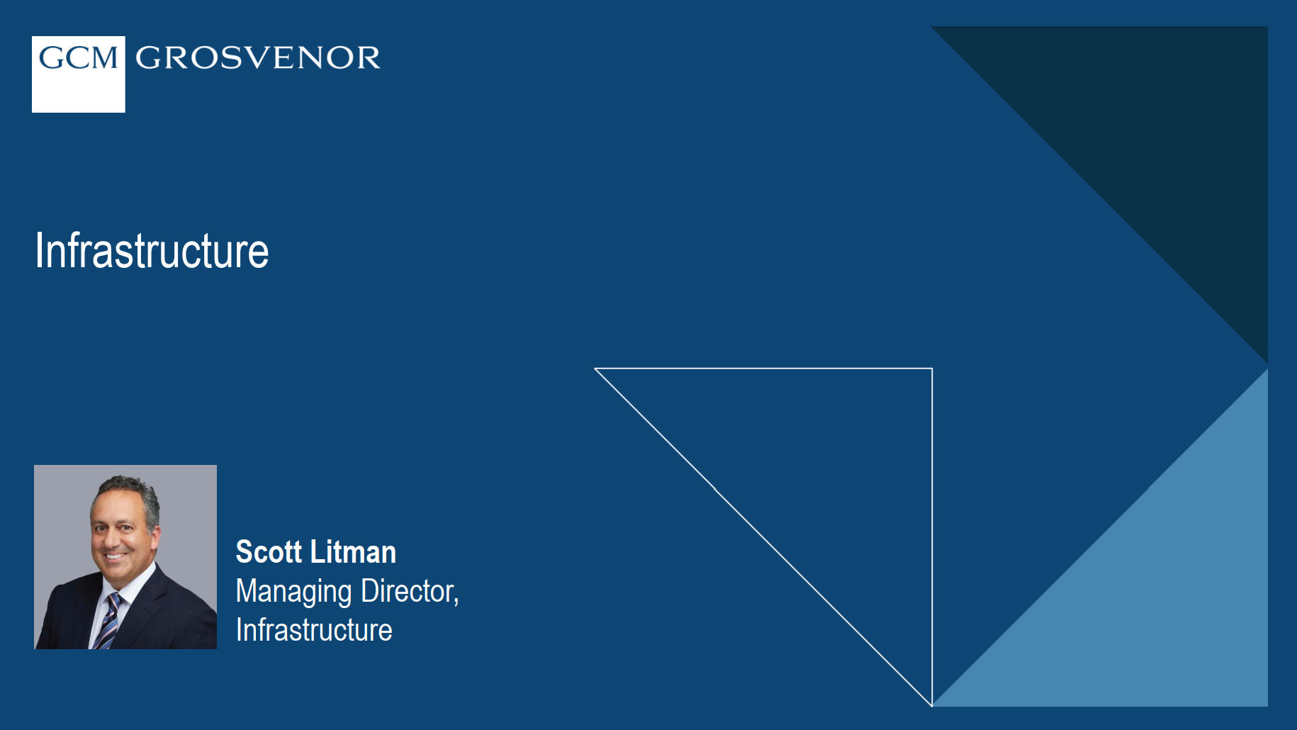 GCM Grosvenor's 2025 Investor Day Presentation section cover with the title "Infrastructure" and a photo of Scott Litman, Managing Director, Infrastructure.