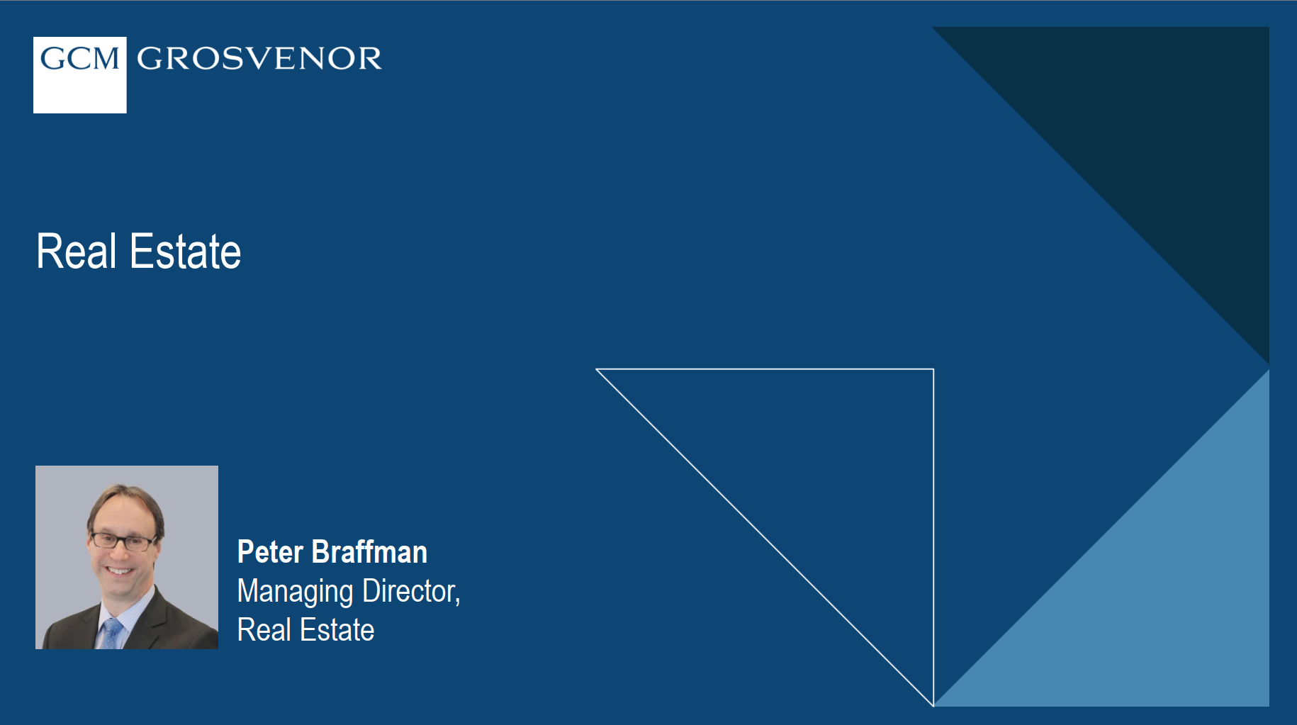 GCM Grosvenor's 2025 Investor Day Presentation section cover with the title "Real Estate" and a photo of Peter Braffman, Managing Director, Real Estate.