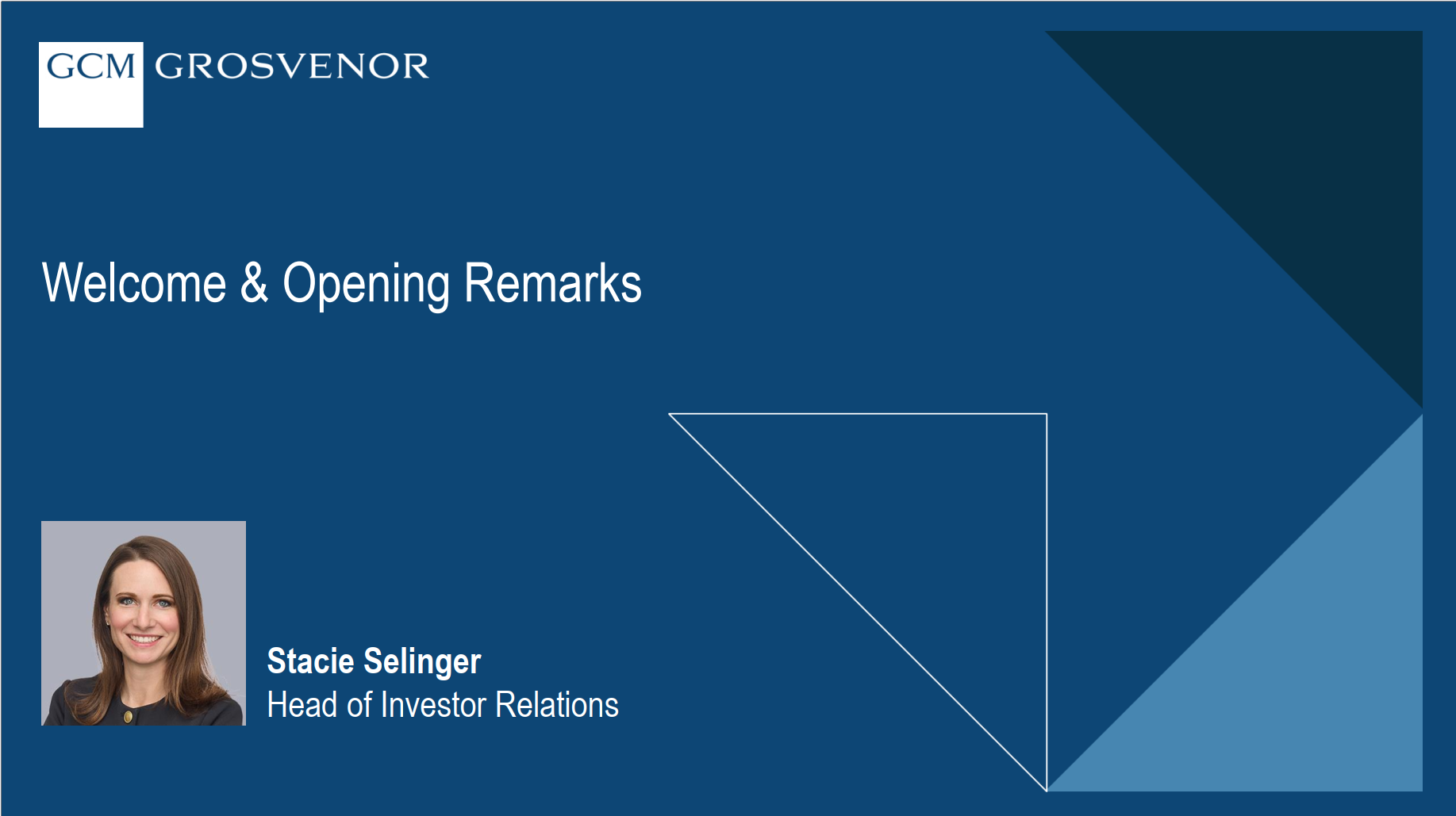 GCM Grosvenor's 2025 Investor Day Presentation section cover with the title "Welcome & Opening Remarks" and a photo of Stacie Selinger, Head of Investor Relations.