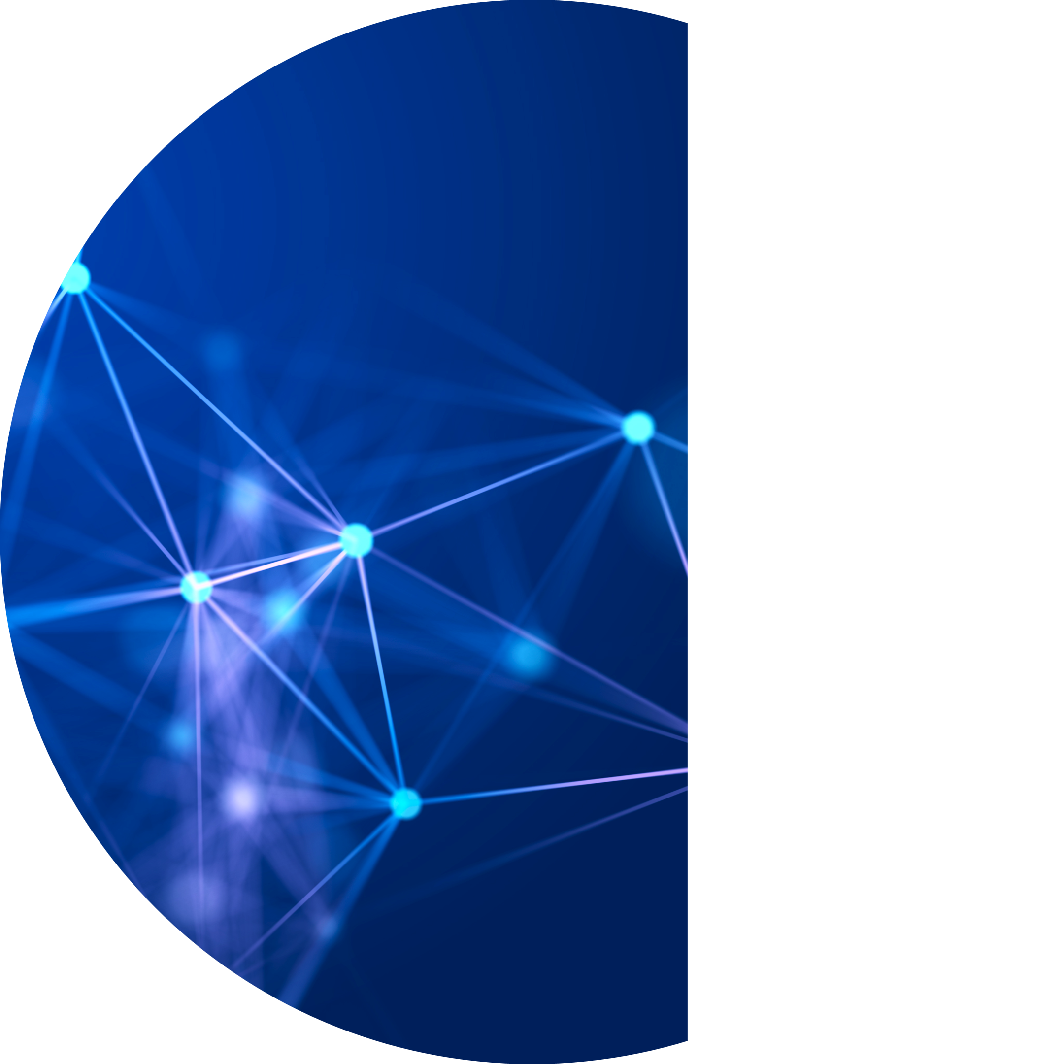 Abstract blue background with glowing nodes connected by lines, forming a network pattern inside an oval shape.