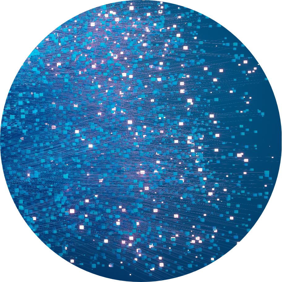Abstract blue digital background shaped like an oval, filled with small glowing squares and streaks that resemble data points or stars moving across a network.