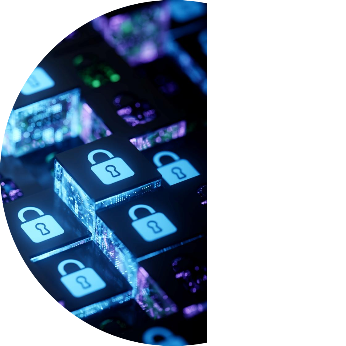 Close-up of glowing digital tiles with padlock icons, arranged in a grid, representing cybersecurity and data protection.