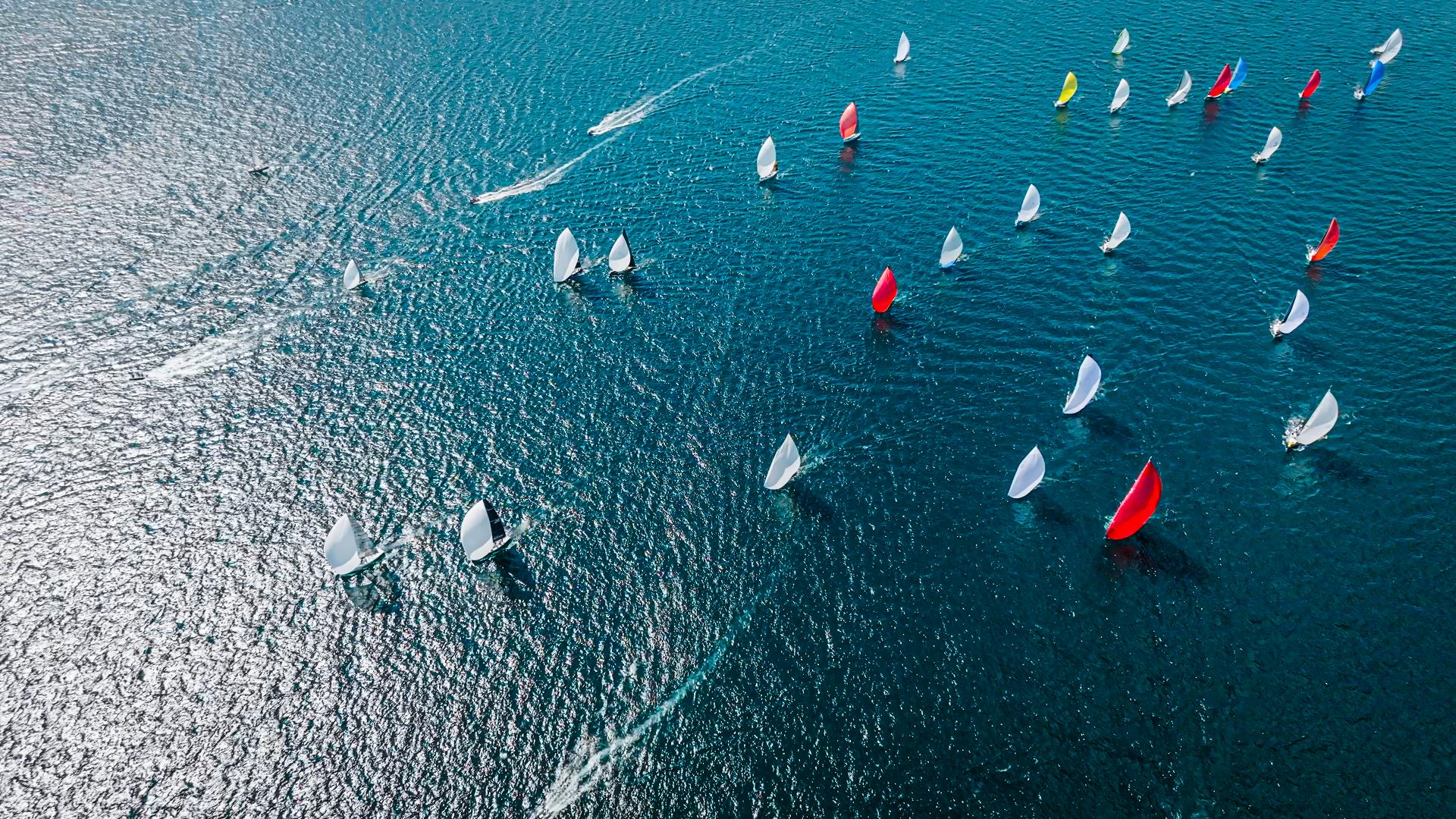 Looking down at sailboats in the harbor