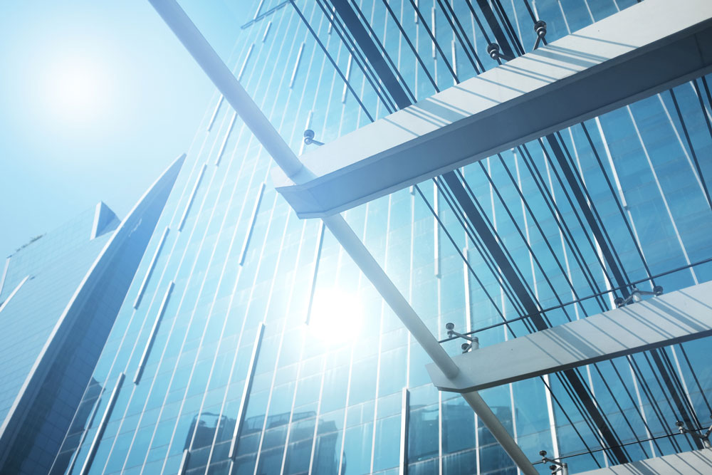 Geometric blue building facade