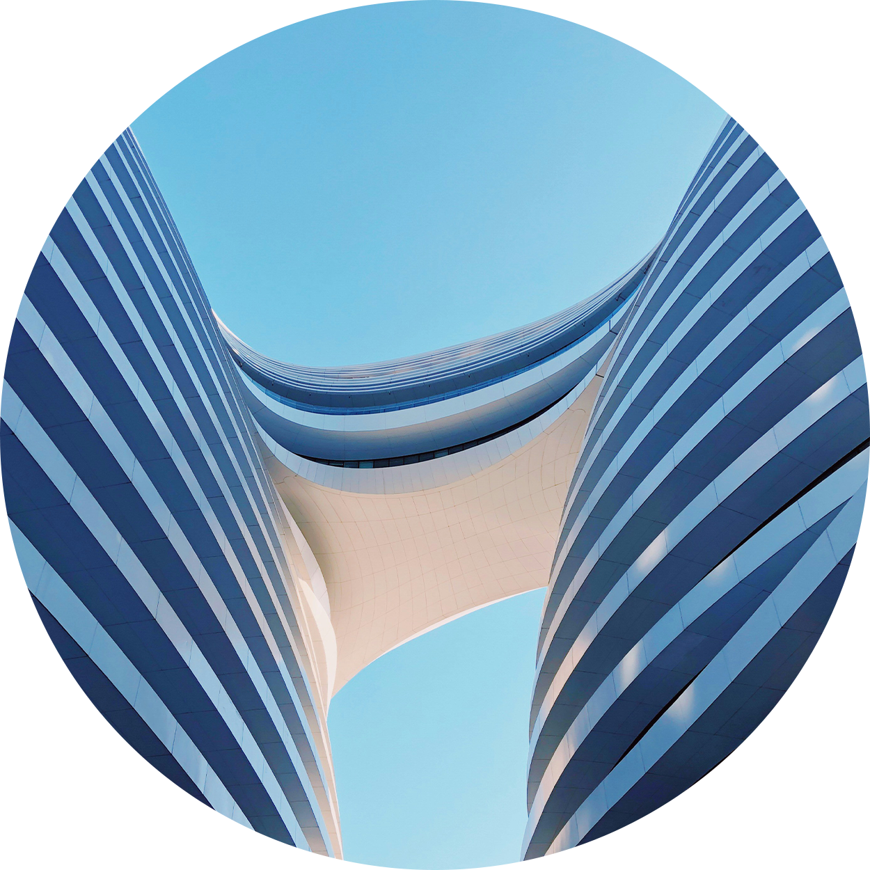 Two buildings connected with a geometric bridge