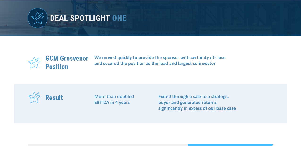 GCM Grosvenor moved quickly to provide the sponsor with certainty of close and secured the lead and largest co-investor position. In 4 years, we more than doubled EBITDA and exited through a sale to a strategic buyer.