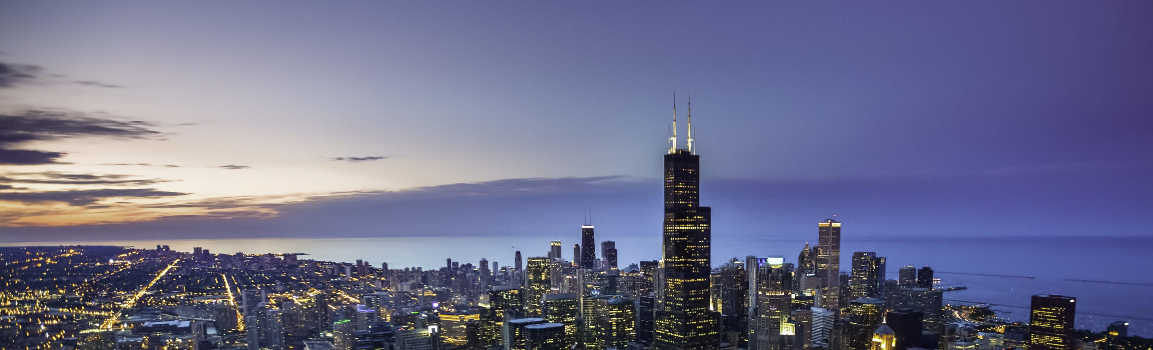 Chicago skyline aerial view at dusk