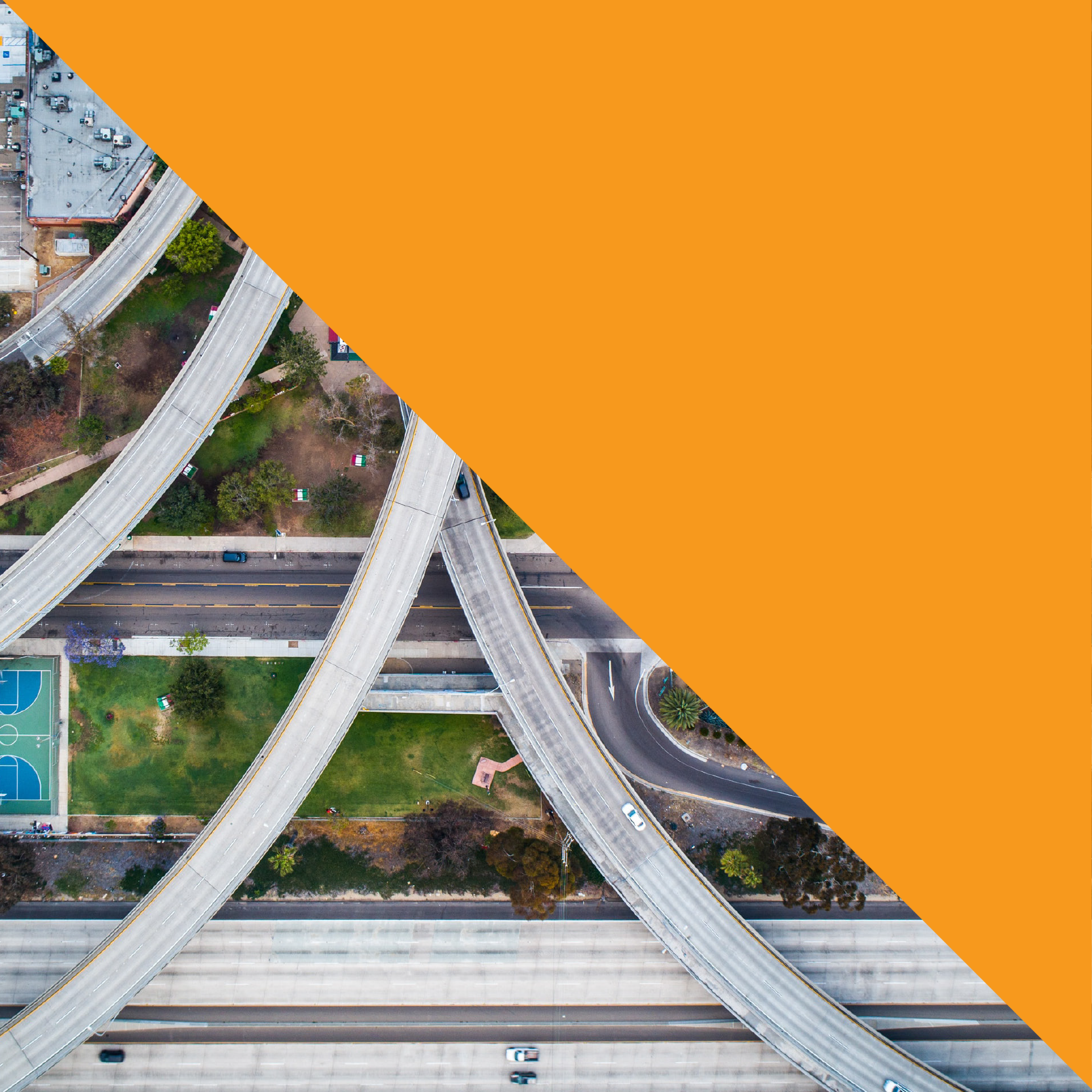 Aerial view of a busy highway system with roads overlapping and an orange right angle triangle overlayed for stylistic impact