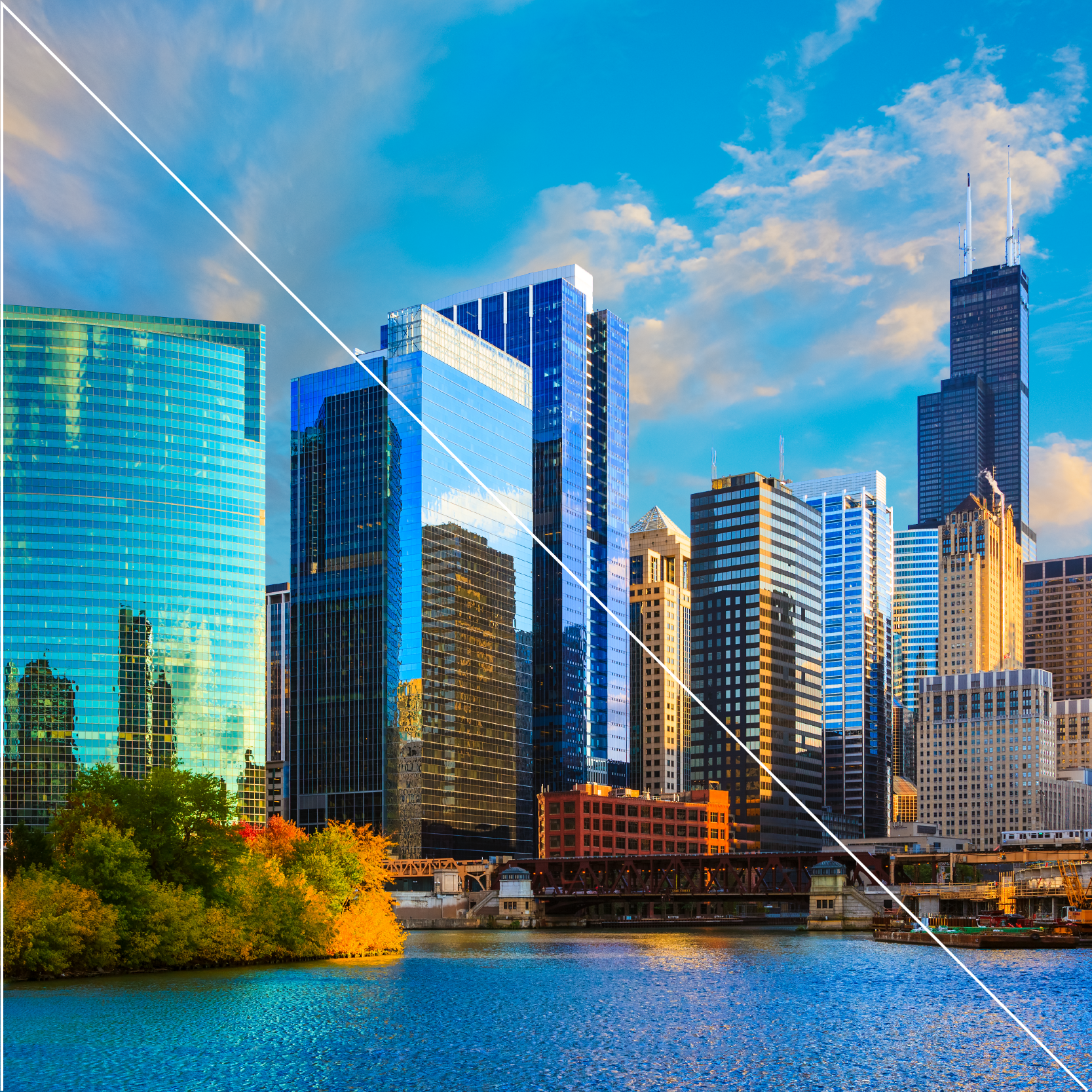 Chicago skyline with the river visible and a right angle white triangle across the image for stylistic impact