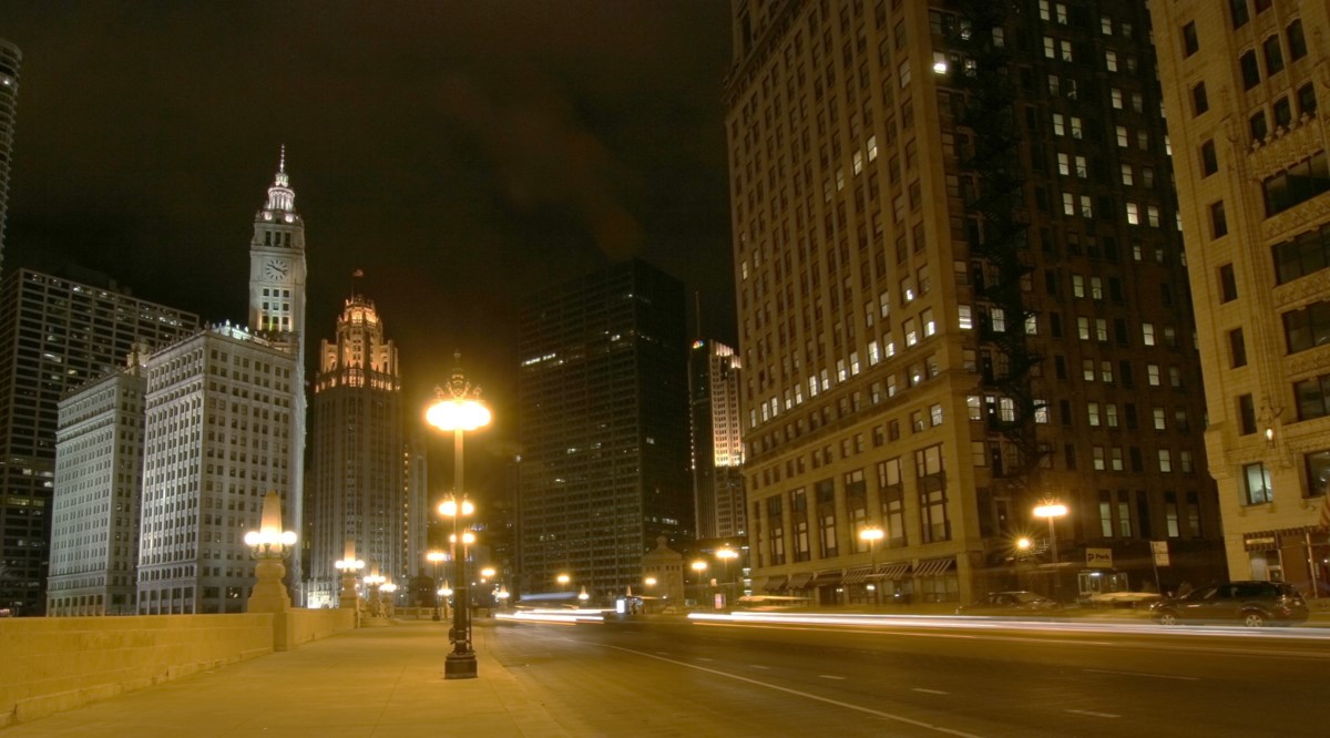 City streetlights on at night
